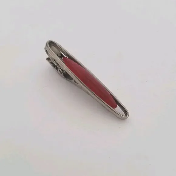 Cabochon Carnelian Agate Red Silver Bar Clip Tac Clasp Retro Vintage Small Short