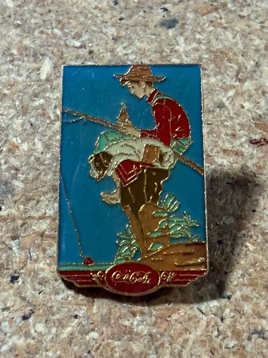 Vintage 1987 Coca-Cola Norman Rockwell Boy Fishing on Dock Enamel Lapel Hat Pin