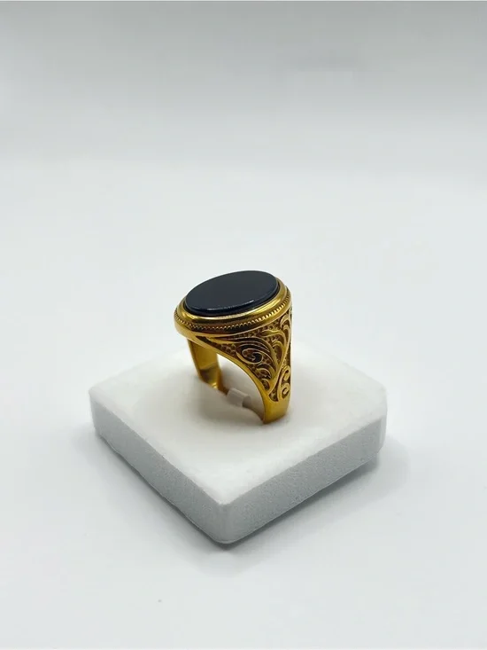 Gold-Tone Black Onyx Signet Ring for Men
