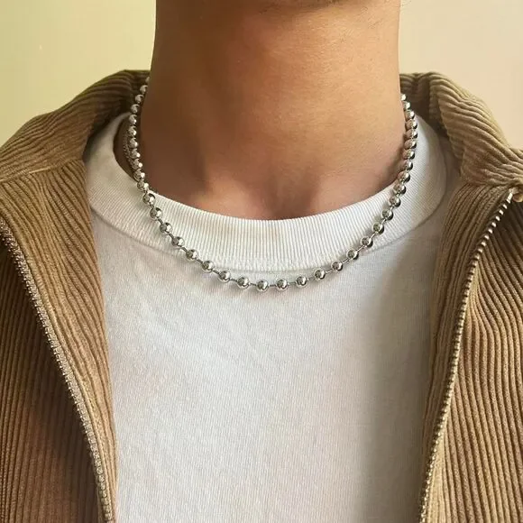 y2k style silver beaded chain necklace