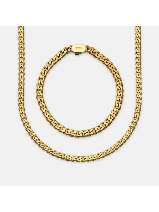 Ridge Curb Chain 18K Gold Over Stainless Steel 22” Necklace 8.5” Bracelet set