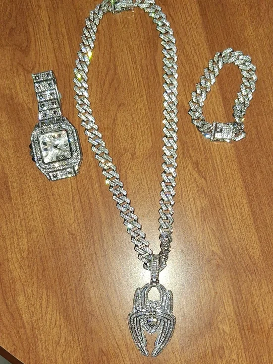 Men's Silverplated Cuban Chain Necklace with Pendant,Watch, & Bracelet. AAA Cz