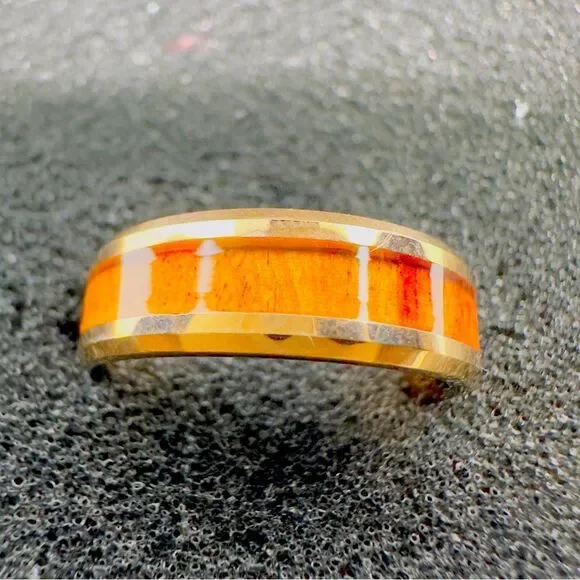 Tungsten Carbide Ring Size 9 Koa Wood Inlay Gold Plated Comfort Fit Band