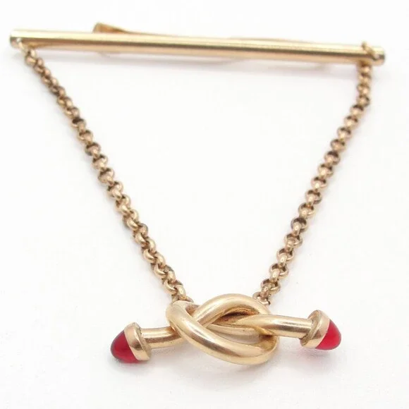 Vintage Krementz Gold Overlay Love Knot Tie Chain Clasp Red Ruby Glass Cabochon