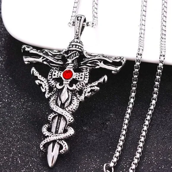 Vintage Double Dragon Sword Necklace for Men, BL55590007