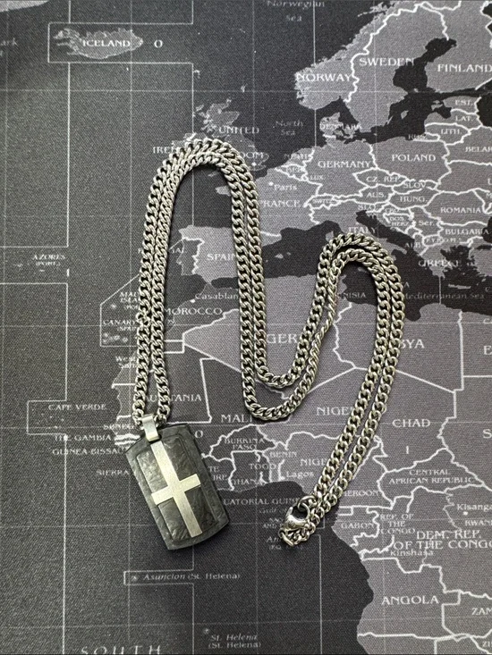 Men's Silver Cross Dog Tag Necklace - Black Pendant