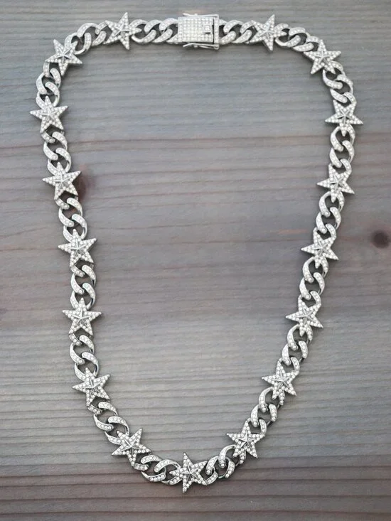 Stars & Cuban Ice Round Curb Diamond Chain Necklace with Rhinestones Silver Plat