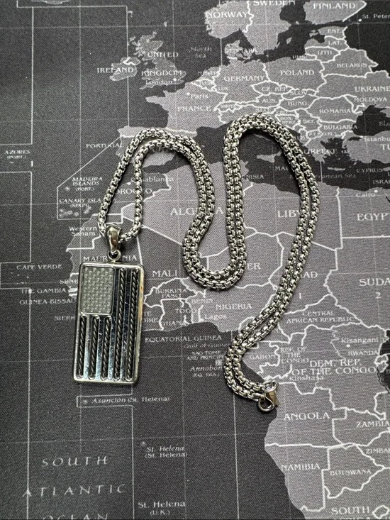 Sterling-Tone American Flag Pendant Necklace in Silver
