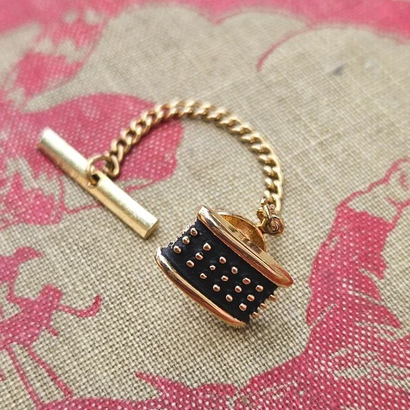 Vintage 60s 70s Tie Tack Gold Tone Black Textured Midcentury Office Accessory