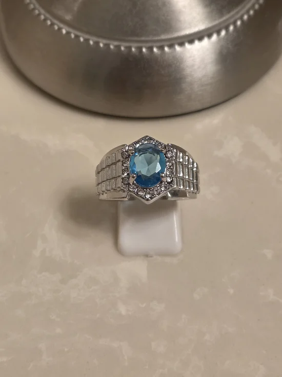 Men's Silver CZ and Aquamarine Statement Ring Size 10