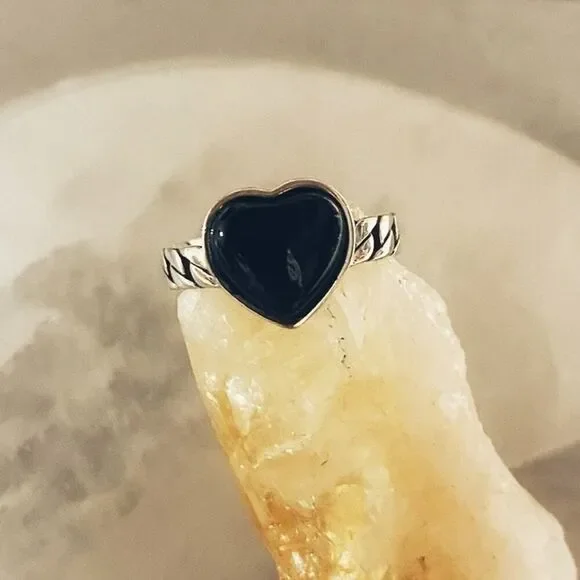 925 Sterling Silver Black Agate Heart Ring