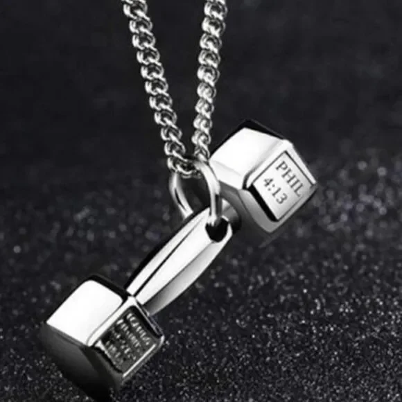 SILVER DUMBBELL SCRIPTURE NECKLACE
