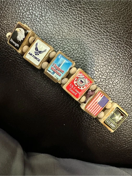 WristStory American Veteran Wooden Tile Stretch Bracelet Army Navy Marines Coast
