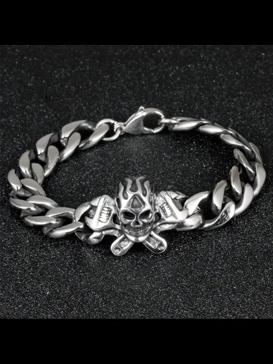 Skull & Crossbones Wrench Chain Bracelet - Silver Tone