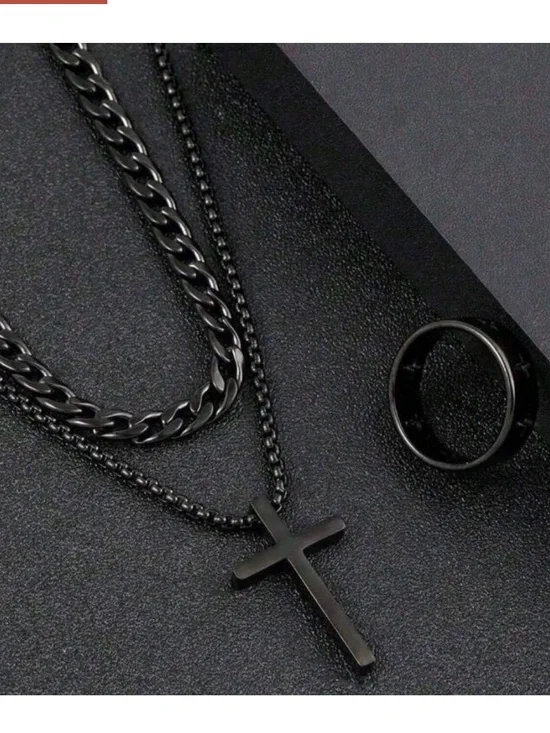 Black Cross Pendant Necklace with Matching Black Ring