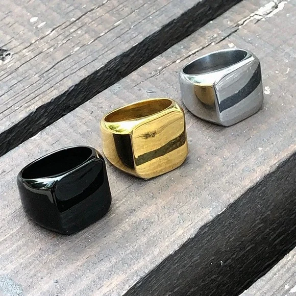 3 pack Gold, Black, Silver Stainless steel brutalist Ring, square men's ring