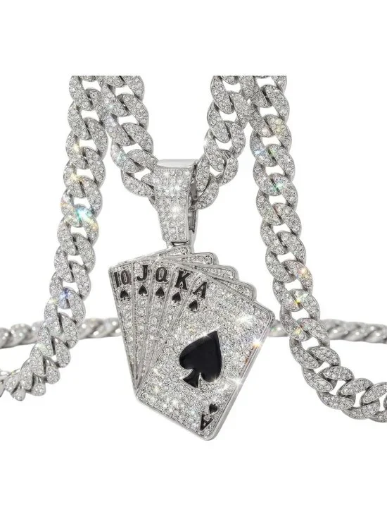 Iced Out Cuban Link Chain Necklace with Royal Flush Pendant, 20
