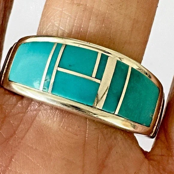 Mens‎ Navajo Wedding Band 12.5 Ring Turquoise 9mm Inlay Signed Tolino Native