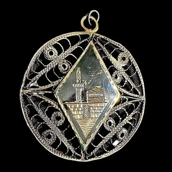 Unisex WWII Vintage Silver Filigree black Niello Pendant.