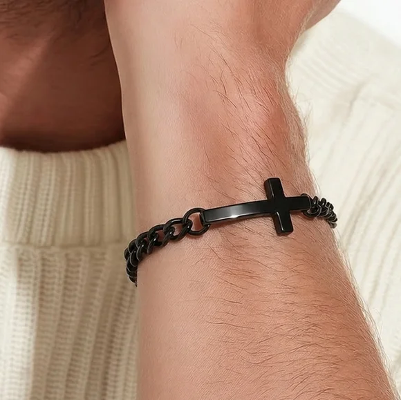 Black Cross Chain Bracelet Stainless Steel Minimalist Curb Chain