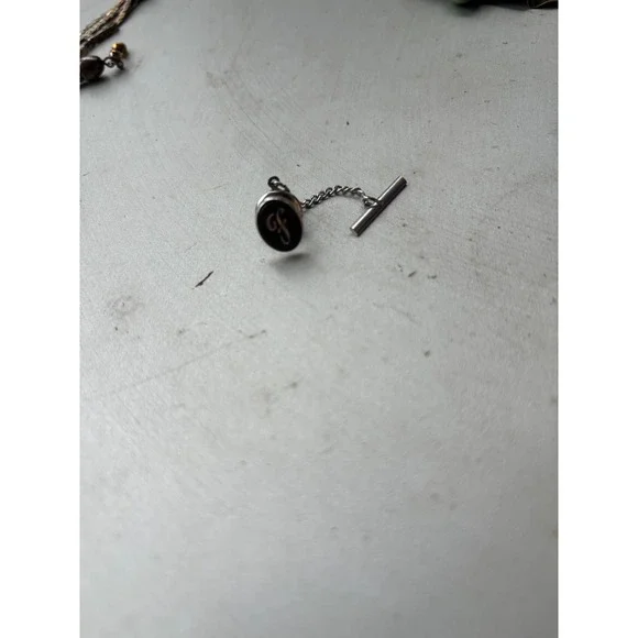 Vintage Silver Tone Black Enamel‎ Initial Letter F Tie Tack with T-Bar Chain