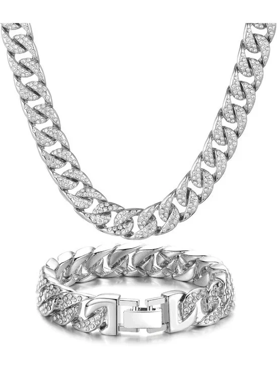 Iced Out Cuban Link Chain Necklace & Bracelet Set for Men - Stylish Jewelry Gift