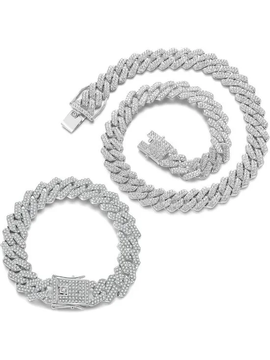 2-Piece Iced Out Cuban Link Chain Necklace & Bracelet Set - Silver Hip Hop