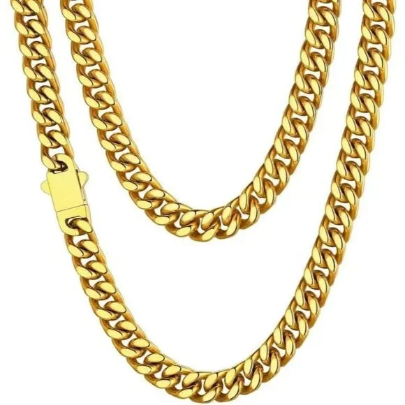 Men's 7mm width-gold Stainless Steel Black 18K Gold Plated Cuban Link Chain