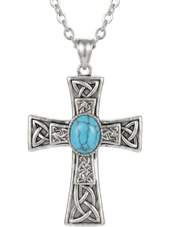 Turquoise Double Cross Pendant Necklace in Sterling Silver for Men & Women