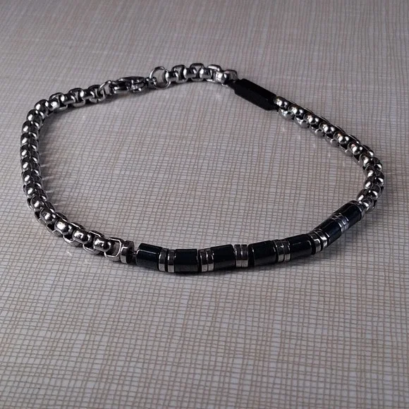 Mens Stainless Steel Box Chain Bracelet Black Beaded Silver Tone Lobster Clasp