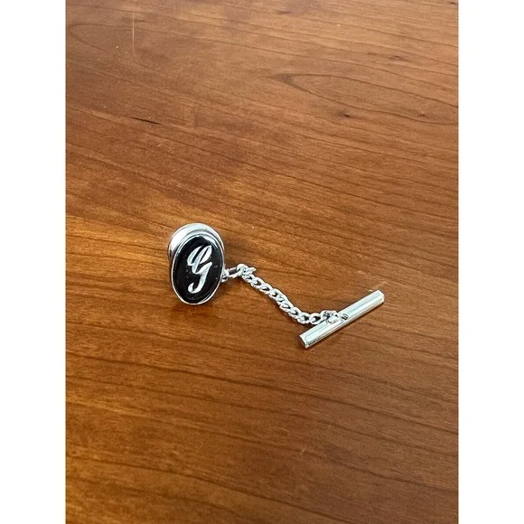 Vintage Silver Tone Initial G Tie Tack Oval Script Letter G Tie Pin with Chain