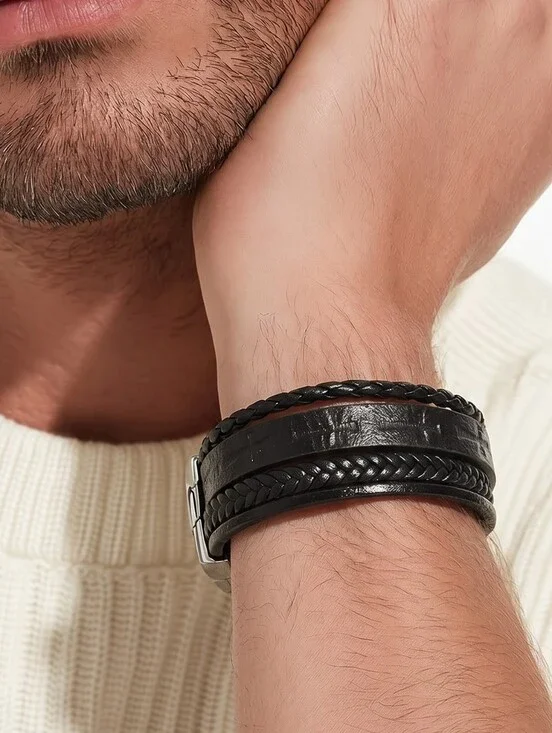 Men's Black Leather Cross Bracelet Multi Strand Magnetic Clasp Christian Faith