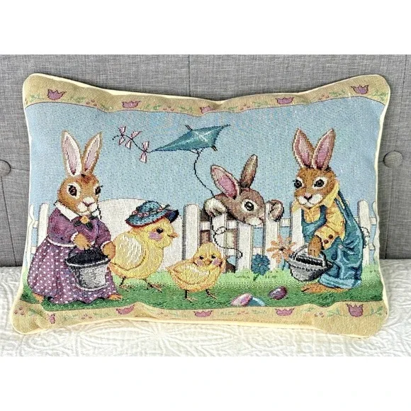 Vintage Tapestry Easter Pillow Rabbits Chicks Farm Scene Needlepoint Style Decor