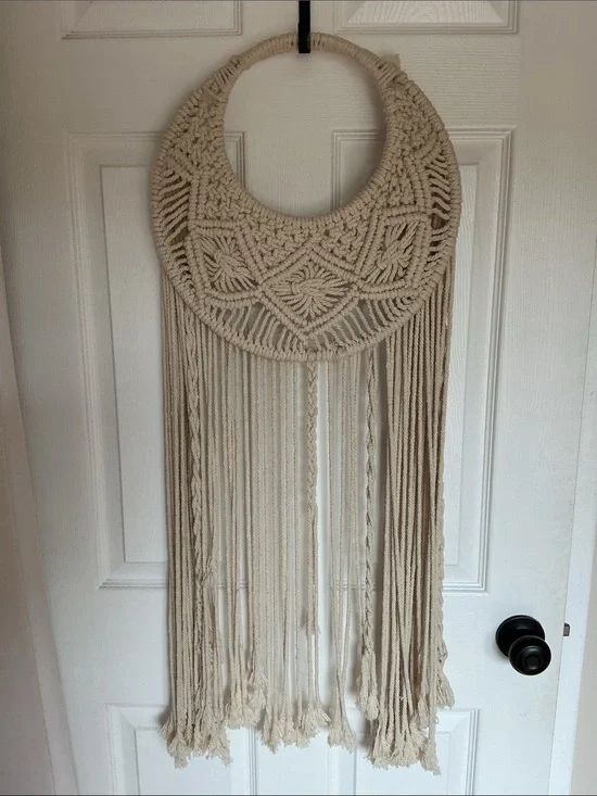 Handmade Cream Macrame Wall Hanging - Boho Round Fringe Décor