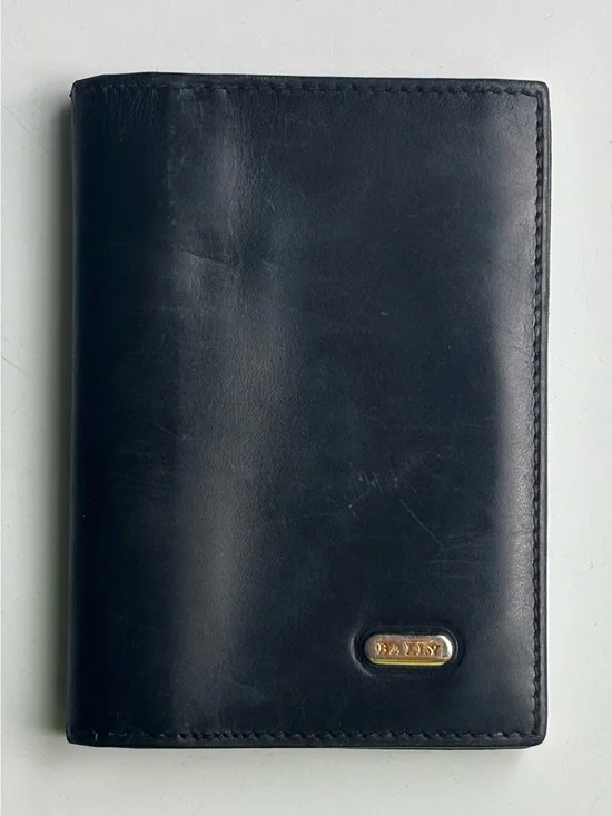 Vintage Bally Black Leather Card with Gold Name Plaque