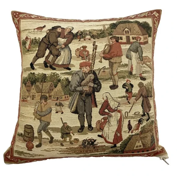Vtg Scottish Tapestry Throw Pillow Crewel Cottage‎ Scene 13 X13