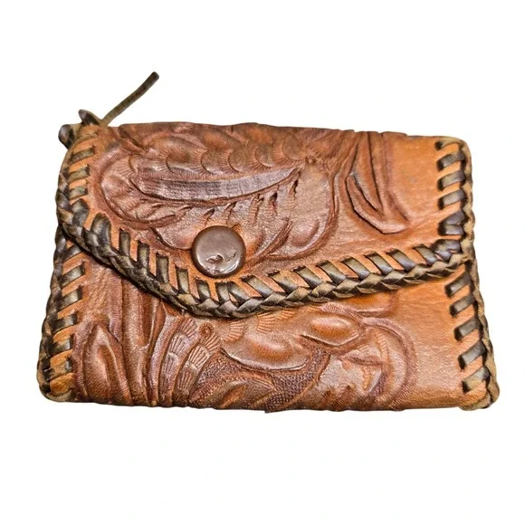 Vintage Hand Tooled Leather Key Case Walet Brown Floral Western
