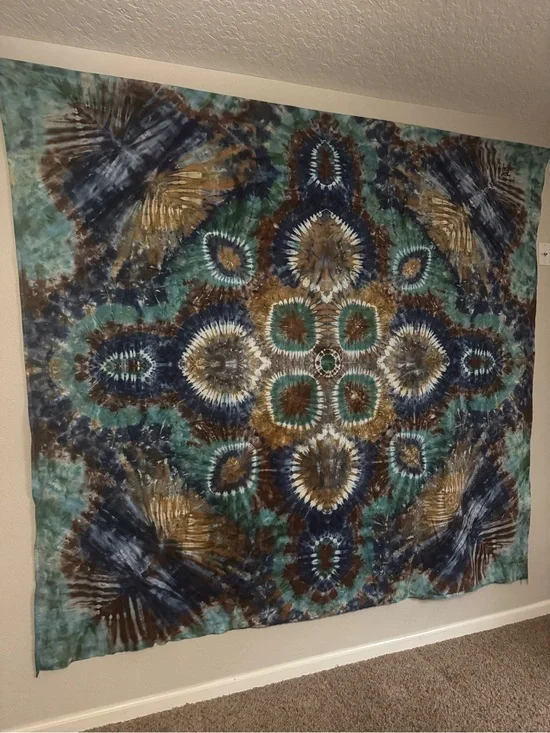 Handmade Tie-Dye Wall Tapestry in Teal, Navy and Brown
