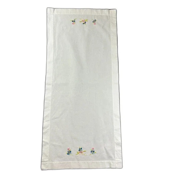 Vintage Hand Embroidered White Linen Table Runner Scarf