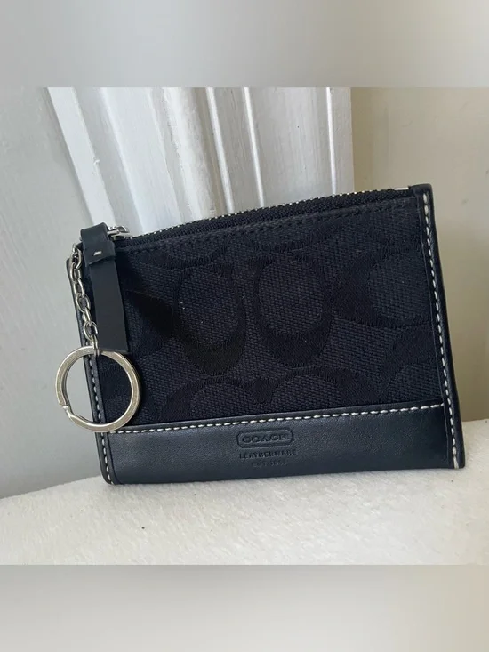 Coach Black Signature Canvas Card Case with Key Ring