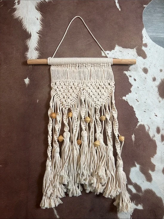 Handmade Cream Macrame Wall Hanging with Wooden Beads