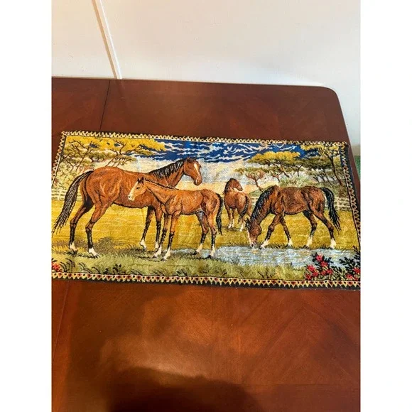 Vintage Velvet Horse‎ Tapestry Wall Hanging Rug Equestrian Scene