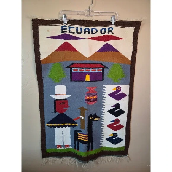 Vintage Handwoven Ecuador Wool Wall Hanging Folk Art Llama Mountain Textile