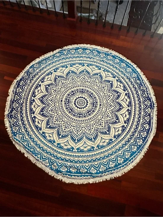 Round Blue Mandala Tapestry w/ Outer Fringe | 64-65 Inches in Diameter