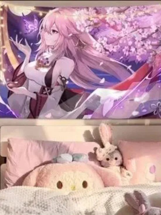 The  Genshin Impact Wall Tapestry with Pink and Purple Design