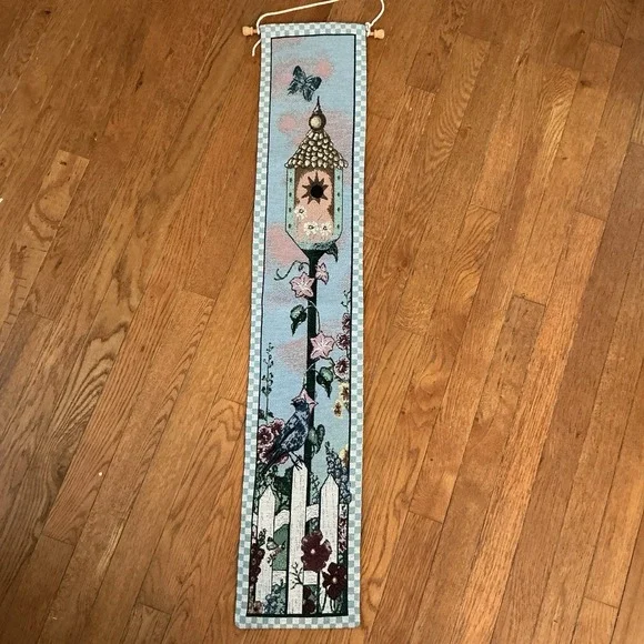 VINTAGE Tapestry MADE IN USA Wall Hanging Birdhouse, Bird, Garden Flowers 8.5x42