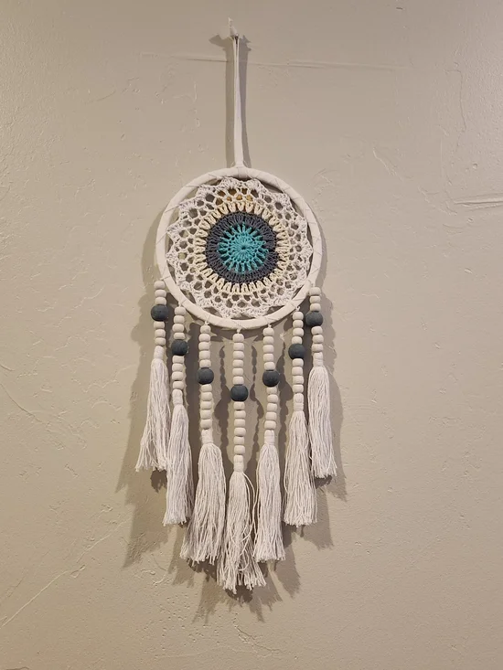 White and Teal Dreamcatcher Wall Hanging Boho Beaded Crochet