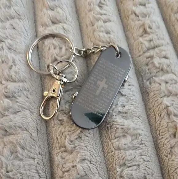 Lord's Prayer Scripture Skateboard Stainless Steel Keychain with Cross