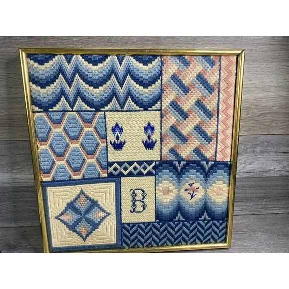 VTG Cross Stitch, 14x15 Art Deco Textile Tapestry‎ Blue Pink Off-White Letter B