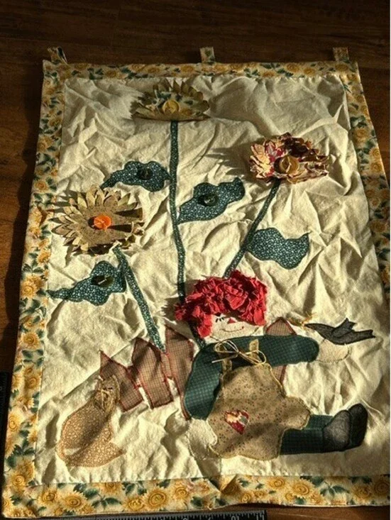 Handmade Quilted Wall Hanging with Raggedy Ann Style Doll and Sunflowers